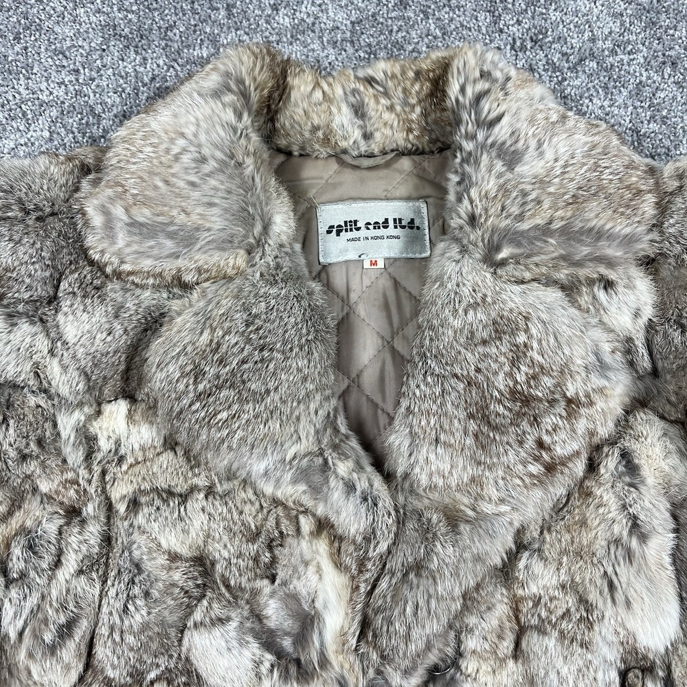 Vintage 80s 90s Split End ltd Rabbit Fur Coat M Made In Hong Kong Gray Brown